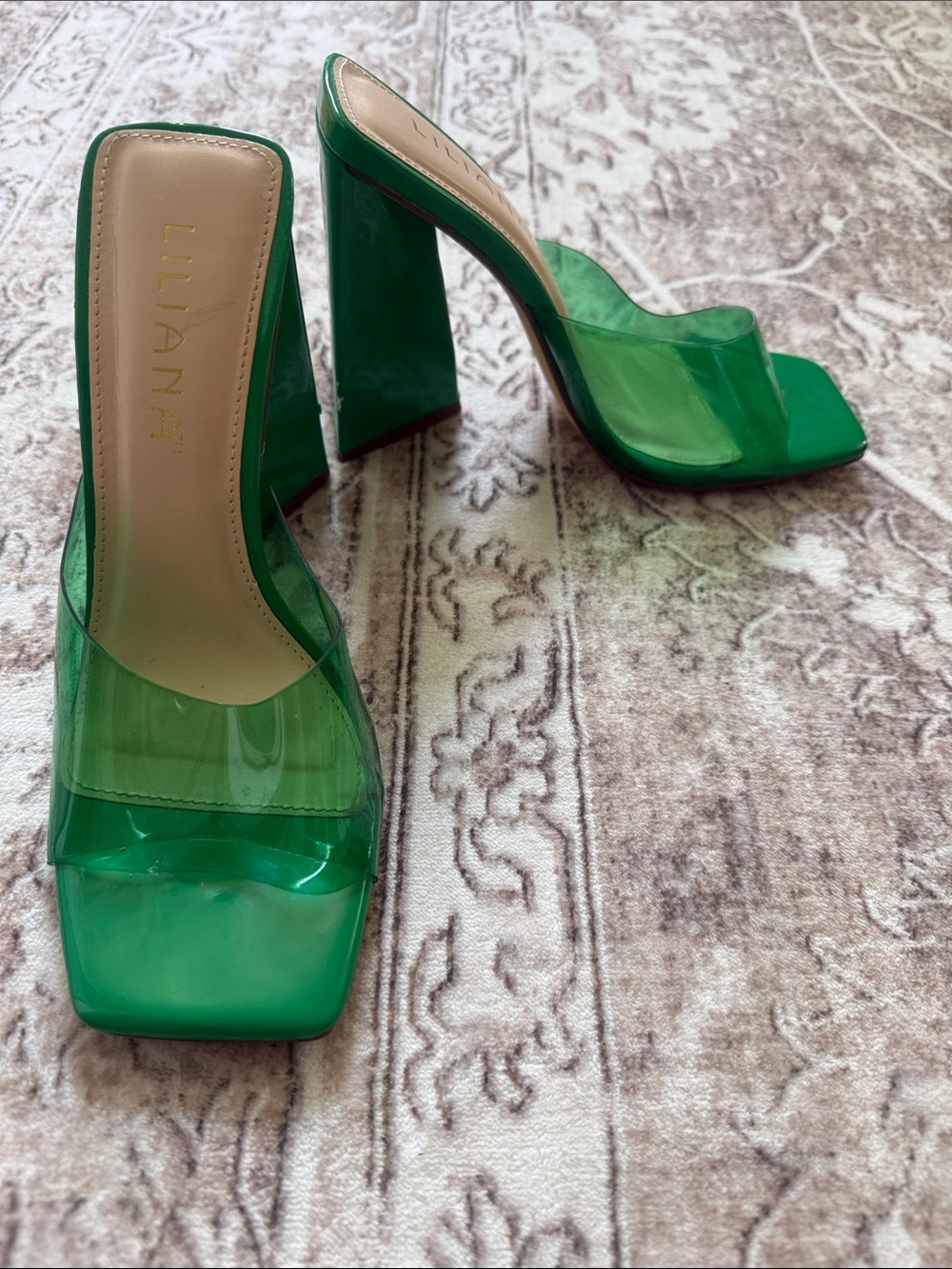 Liliana Green Transparent Strap Block Heel Mules
